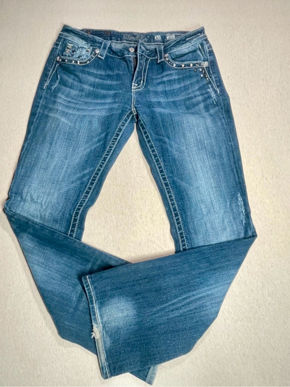 Miss Me Blue Bootcut Jeans with Studded Pocket Trim